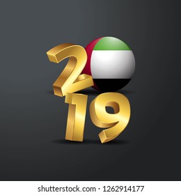 2019 Golden Typography with UAE Flag. Happy New Year Lettering