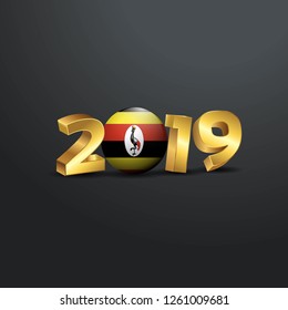 2019 Golden Typography with Uganda Flag. Happy New Year Lettering