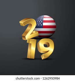 2019 Golden Typography with United States of America Flag. Happy New Year Lettering
