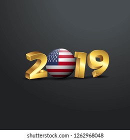 2019 Golden Typography with United States of America Flag. Happy New Year Lettering
