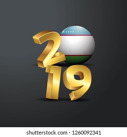 2019 Golden Typography with Uzbekistan Flag. Happy New Year Lettering