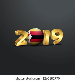 2019 Golden Typography with Zimbabwe Flag. Happy New Year Lettering