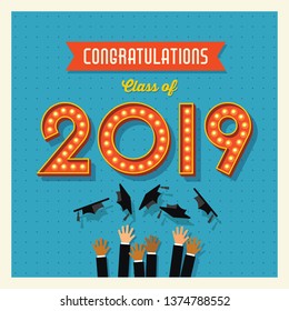 2019 graduation card or banner design with vintage light bulb sign numbers. Vector illustration.