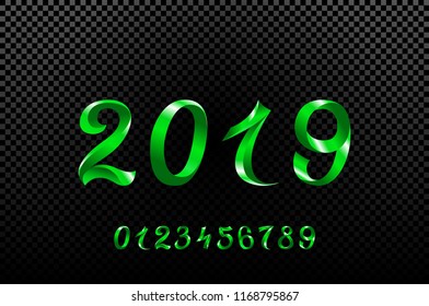 2019 green New Year sign with glitter and loading panel on black background. Vector illustration. art