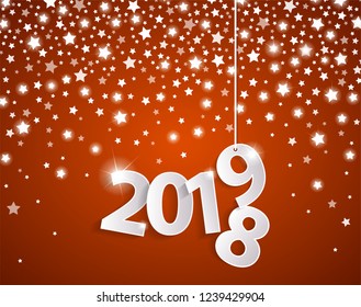 2019 greeting card concept with paper white numbers on silver star fall background. Change year concept. Happy New Year and Merry Christmas. Vector illustration