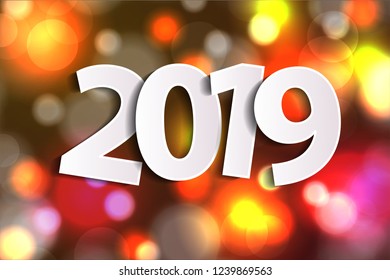 2019 greeting card concept with paper cuted white numbers on sparkles shiny background. Vector illustration