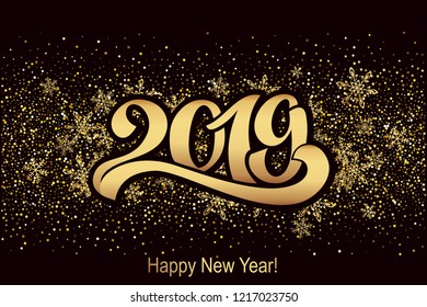 2019. Greeting inscription for postcard, poster happy new year. Beautiful handwritten letters. Vector illustration.