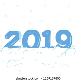 2019 greeting postcard under snow vector illustration with frozen numbers, snow, snowflakes and ice. Happy new 2019 year flat style card design isolated on white background eps 10