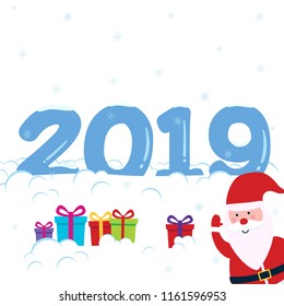 2019 greeting postcard under snow vector illustration with frozen numbers, snow, snowflakes, gifts and Santa Claus. Happy new 2019 year flat style card design isolated on white background eps 10