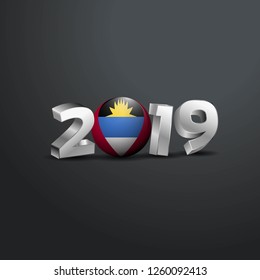 2019 Grey Typography with Antigua and Barbuda Flag. Happy New Year Lettering