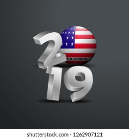 2019 Grey Typography with Bikini Atoll Flag. Happy New Year Lettering