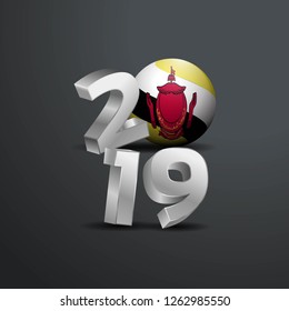 2019 Grey Typography with Brunei Flag. Happy New Year Lettering