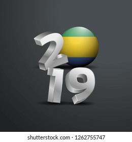 2019 Grey Typography with Gabon Flag. Happy New Year Lettering