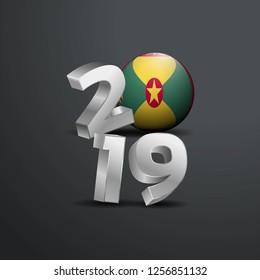 2019 Grey Typography with Grenada Flag. Happy New Year Lettering