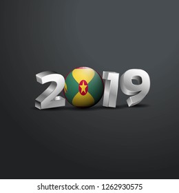 2019 Grey Typography with Grenada Flag. Happy New Year Lettering