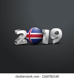 2019 Grey Typography with Iceland Flag. Happy New Year Lettering