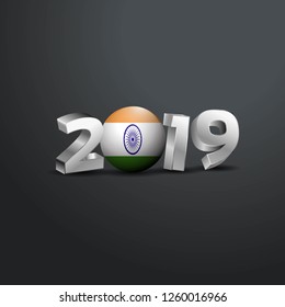 2019 Grey Typography with India Flag. Happy New Year Lettering