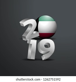 2019 Grey Typography with Kuwait Flag. Happy New Year Lettering