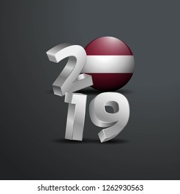 2019 Grey Typography with Latvia Flag. Happy New Year Lettering
