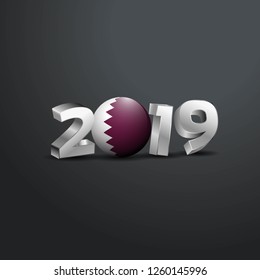 2019 Grey Typography with Qatar Flag. Happy New Year Lettering