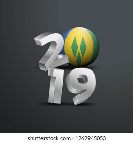 2019 Grey Typography with Saint Vincent and Grenadines Flag. Happy New Year Lettering