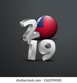 2019 Grey Typography with Taiwan Flag. Happy New Year Lettering