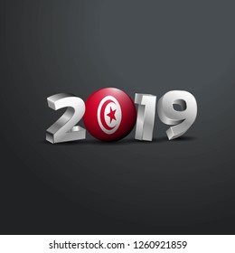 2019 Grey Typography with Tunisia Flag. Happy New Year Lettering