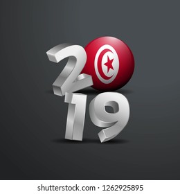 2019 Grey Typography with Tunisia Flag. Happy New Year Lettering