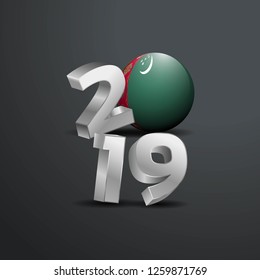 2019 Grey Typography with Turkmenistan Flag. Happy New Year Lettering