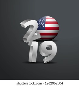 2019 Grey Typography with United States of America Flag. Happy New Year Lettering