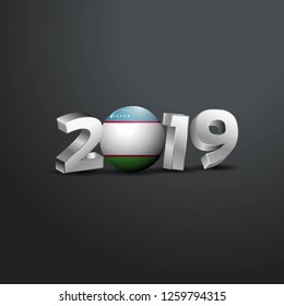 2019 Grey Typography with Uzbekistan Flag. Happy New Year Lettering
