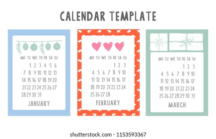 2019 hand drawn calendar template. Vector decorative organizer. Celebratory design.