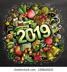 2019 hand drawn doodles chalk board illustration. New Year objects and elements poster design. Creative cartoon holidays art background. Colorful vector drawing