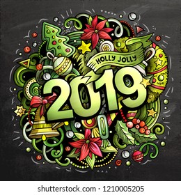 2019 hand drawn doodles chalk board illustration. New Year objects and elements poster design. Creative cartoon holidays art background. Colorful vector drawing