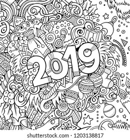 2019 hand drawn doodles contour line illustration. New Year poster. Holidays cartoon banner design element. Christmas coloring book pencil drawing. Isolated vector