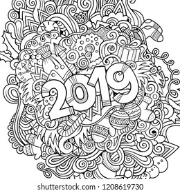 2019 hand drawn doodles contour line illustration. New Year poster. Holidays cartoon banner design element. Christmas coloring book pencil drawing. Isolated vector
