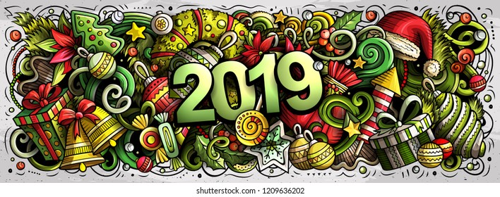 2019 hand drawn doodles horizontal illustration. New Year objects and elements poster design. Creative cartoon holidays art background. Colorful vector drawing
