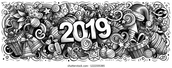2019 handgezeichnete Doodles horizontale Illustration. Neujahr Objekte und Elemente Plakat Design. Kreative Cartoon Urlaub Kunsthintergrund. Gestrichelte Vektorgrafik
