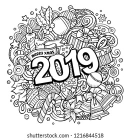 2019 hand drawn doodles illustration. New Year objects and elements poster design. Creative cartoon holidays art background. Line art vector drawing