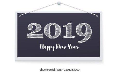 2019 hand lettering with chalk on hanging note Board, black background. Happy New Year card design. Vector 3d illustration EPS 10 file