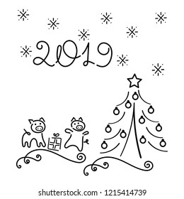  2019. Hand lettering. Funny pigs near the Christmas tree. Outline. Print for posters and greeting cards design. Vector illustration