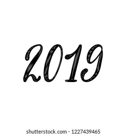 2019, hand lettering. Vector New Year illustration. Calligraphy design on white background for greeting card, poster concept.