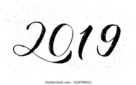 2019 Hand painted numbers with brush. Grunge calligraphy lettering for New Year on textured background. Holidays party poster. Easy to edit vector template for banner, sign, greeting card etc. 