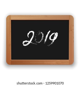 2019. Hand written chalk calligraphy on the blackboard. Isolated on white background. Clipping paths included.