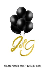 2019 hand written Gold Lettering with Realistic glossy bunch of Helium Balloons floating in the air. Happy New Year card. Paint acrylic numbers isolated on a white background. Vector illustration