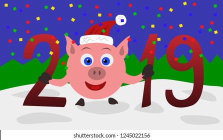 2019 hand written lettering with beautiful winter background and cartoon pig character. Happy New Year and Merry Christmas card design. Vector illustration EPS 8 file.