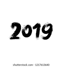 2019 hand written lettering. Black acrylic numbers isolated on a white background. Happy New Year card with hand drawn brush stroke. Vector illustration EPS10 file.