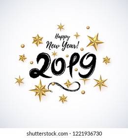 2019 hand written lettering decorated with realistic Golden 3D Stars isolated on light background. Glossy Christmas stars icon. Concept design element for Happy New Year, Xmas holidays. Vector