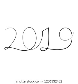 2019 hand written lettering drawn with single continuos line.
Happy New Year card design. Vector illustration EPS 10 file.