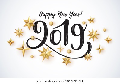 2019 hand written lettering with golden Christmas stars on a black background. Happy New Year card design. Vector illustration EPS 10 file.